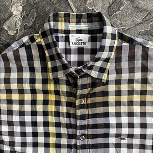 LACOSTE Plaid Black White Yellow Button-up Shirt | Preppy Coastal Cottagecore